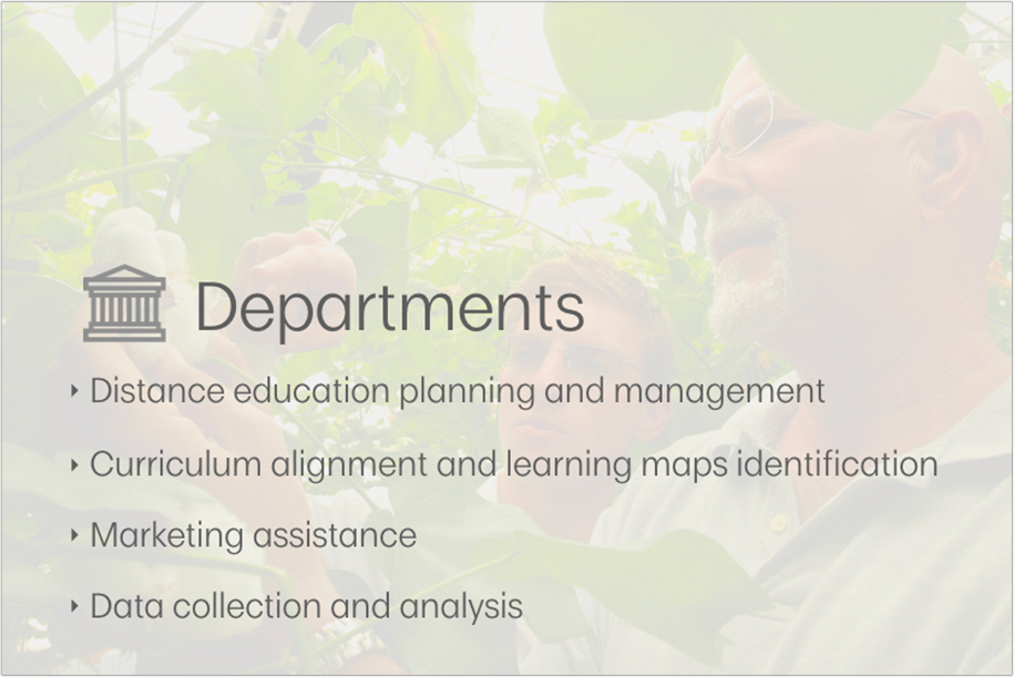 We Offer Departments: * Distance education program planning and management; * Curriculum alignment and identification of learning maps; * Marketing assistance; * Data collection and analysis