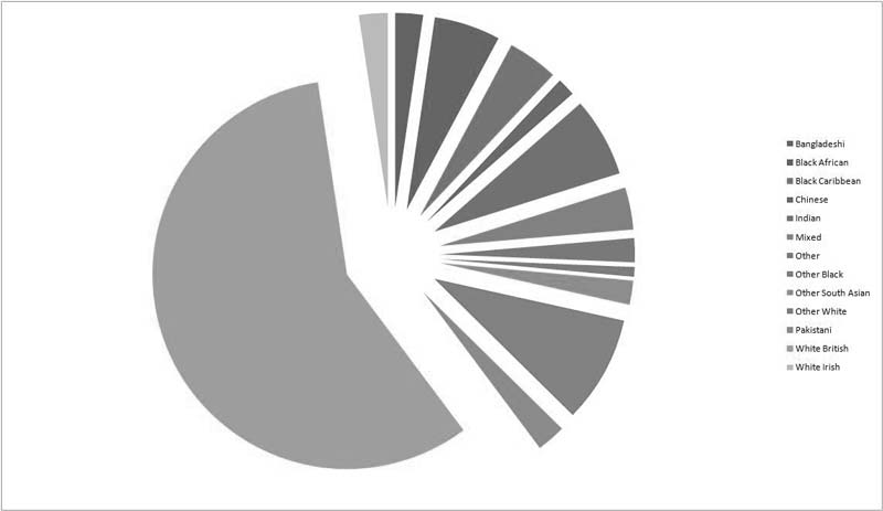 Black & white pie chart using only colors to differentiate between segments. Unreadable to sighted people since it's impossible to differentiate between shades of gray pie slices.