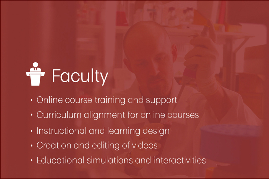 We Offer Faculty: * Online course training and support; * Curriculum alignment for online courses; * Instructional and learning design; * Creation and editing of videos; * Educational simulations & interactivities
