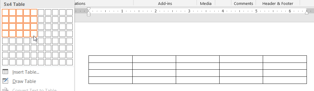 Use the right arrow key to choose how many columns, and the down arrow to choose how many rows you want in your table. Press enter to make selection.