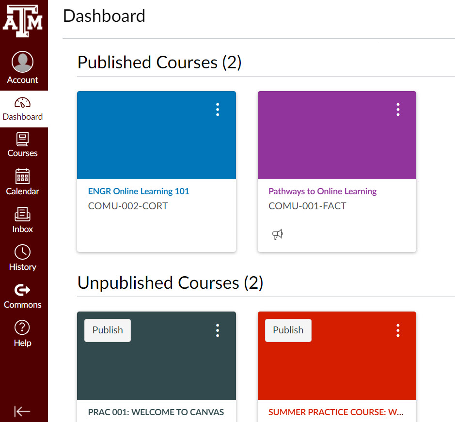 Dashboard page in Canvas with only two published courses displayed at the top and two unpublished courses shown at the bottom.