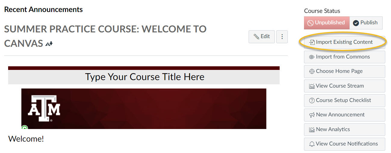 Course Home page in Canvas. Sidebar menu on right where Import Existing Content is first option.