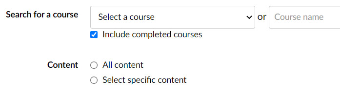 Select Course section on Import page. Multiple ways to search for course. Two choices for content, All content or Select specific content.