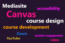 On-Demand Resources word cloud, including tutorial topics of Mediasite, Canvas, accessibility, course design, course development, Zoom, YouTube, student engagement, and video.