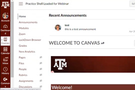 Canvas webinar screenshot. Shows left-hand navigation and welcome message in Canvas course.