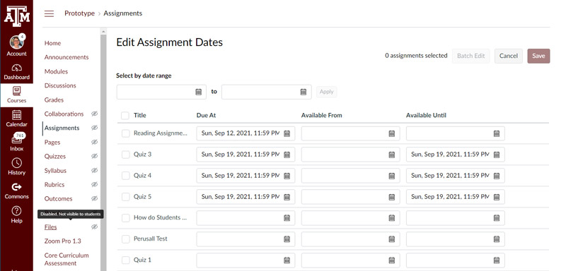 Edit Assignment Dates screen. Columns defined in following text.